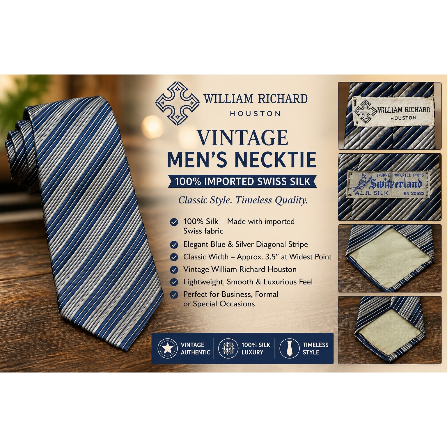 William Richard Houston Vintage Silk Tie Blue Silver Diagonal Stripe Swiss Silk